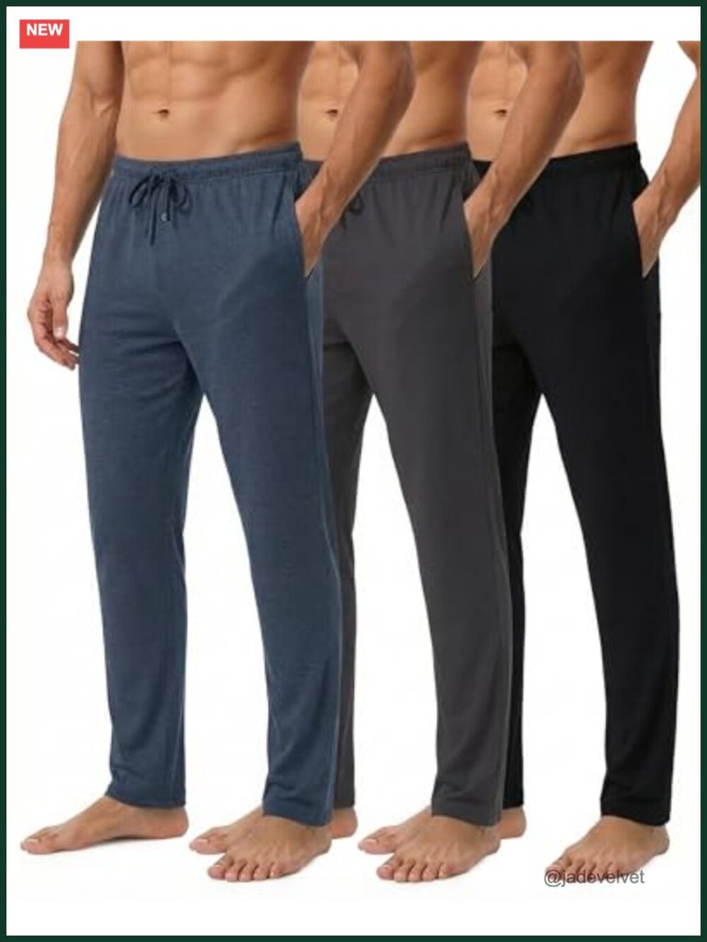 Men's Cotton Pajama Pants Soft Lounge Bottoms 3-Pack Elastic Waist Pockets